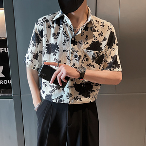 社会轻奢短袖流行宽松休闲尖领花痞帅衬衫B297-7782-P58控78图片