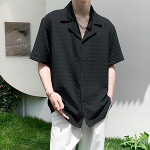 社会轻奢纯色棋盘格古巴领衬衫痞帅B297-2313-P55控88图片