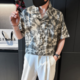 社会风古巴领乍然痞帅宽松花衬衫1B297-353-P45，男装衬衫，电商B297