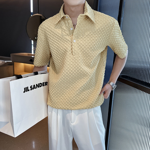 社会轻奢纯色宽松格子短袖翻领POLO衫上衣B297-7781-P58控78图片