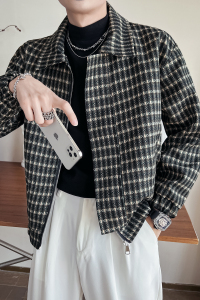 社会轻奢纯色格子翻领休闲长袖青春夹克B297-1806-P115控158图片