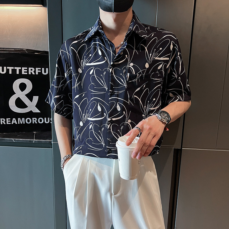 社会轻奢免烫短袖宽松抽象印花尖领花衬衫B297-7786-P58控78,男装衬衫,电商B297