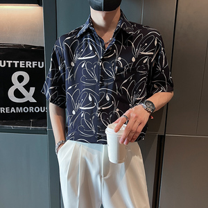 社会轻奢免烫短袖宽松抽象印花尖领花衬衫B297-7786-P58控78图片
