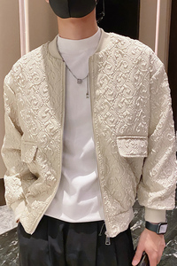 雅痞风纯色立体花纹格子棒球领长袖夹克B297-201-P110控149图片