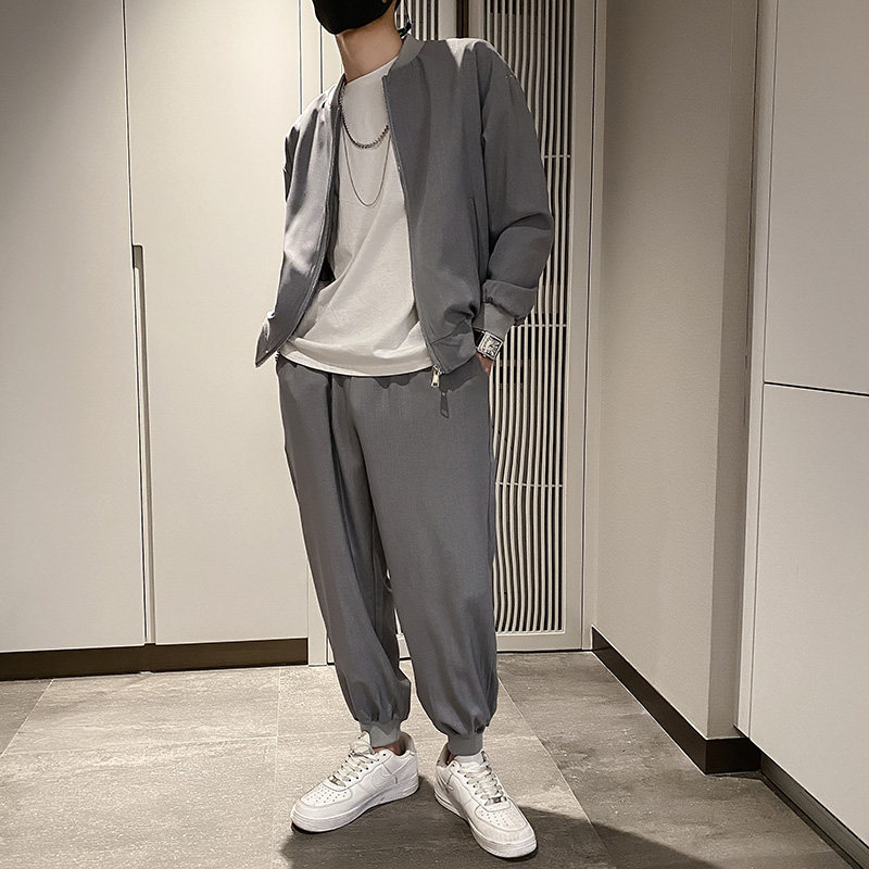 雅痞风纯色亮丝棒球领休闲套装B297-7708-特P110控165,男装休闲套装,电商B297