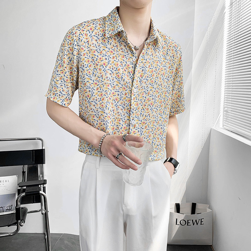 轻熟风小碎花休闲修身流行夏季短袖衬衫B297-7777-P53控78,男装衬衫,电商B297