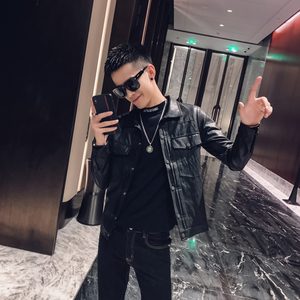 社会风纯色刺绣按扣修身型pu皮衣夹克B297-M03-P120控158图片