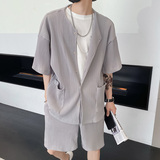 社会风夏纯色竖条纹立体无量两件套装痞帅B297-7728-P120控158，男装休闲套装，电商B297