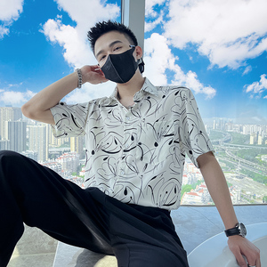 雅痞风免烫短袖宽松抽象印花尖领花衬衫潮男B297-7786-P58控78图片