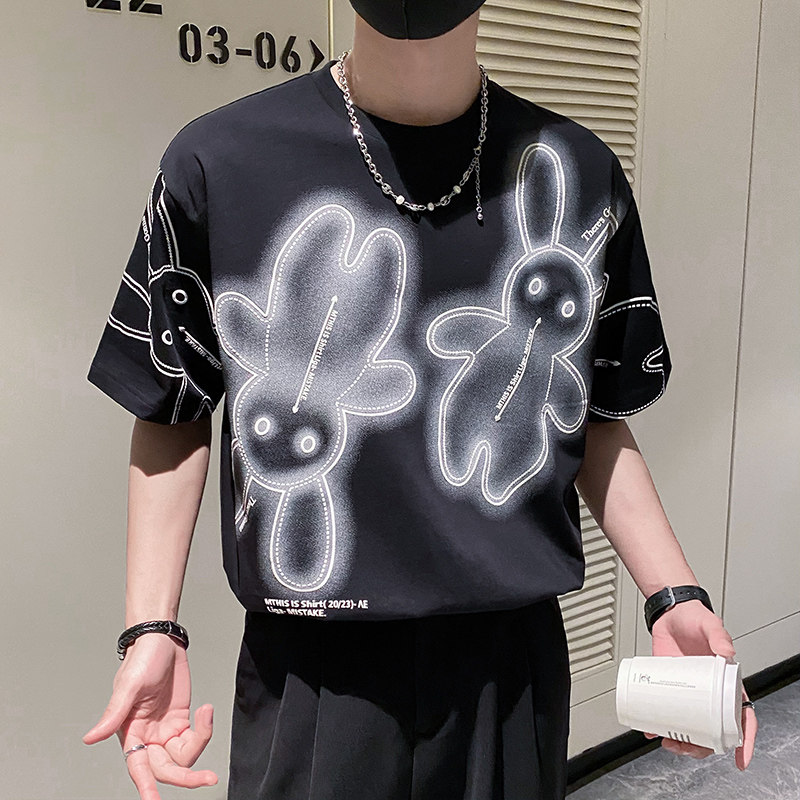 社会轻奢纯色兔子印花宽松半袖潮牌T恤上衣B297-236-P48控68,男装T恤,电商B297