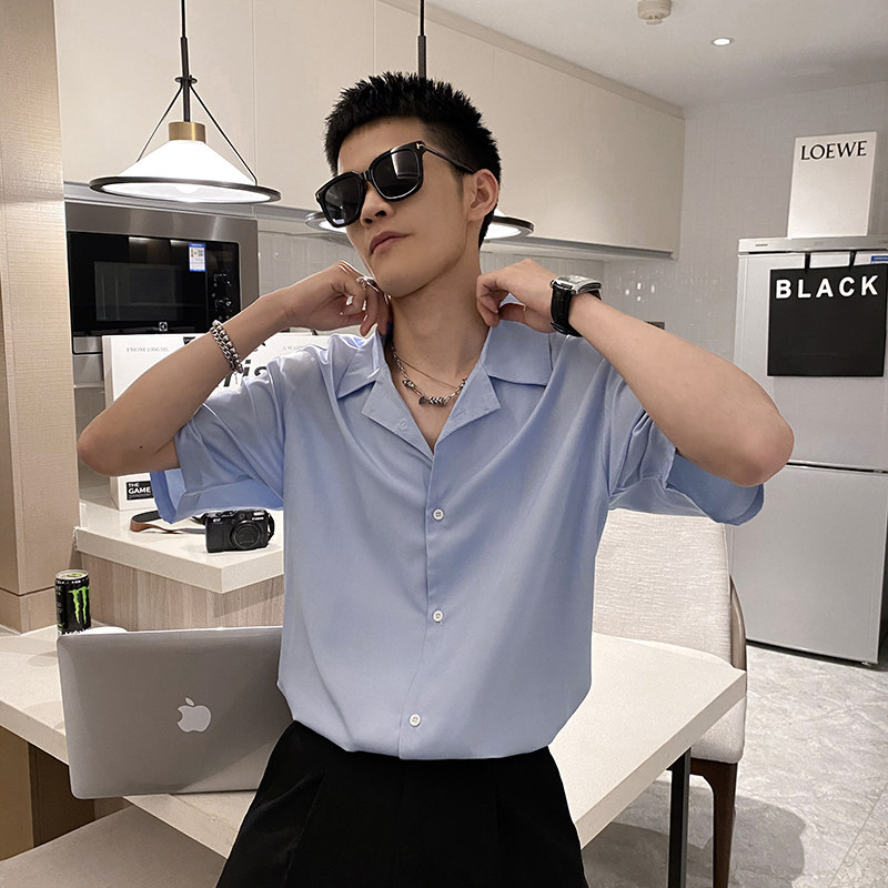 社会风纯色半袖宽松西装领休闲衬衫潮男B297-7730-P58控78,男装衬衫,电商B297