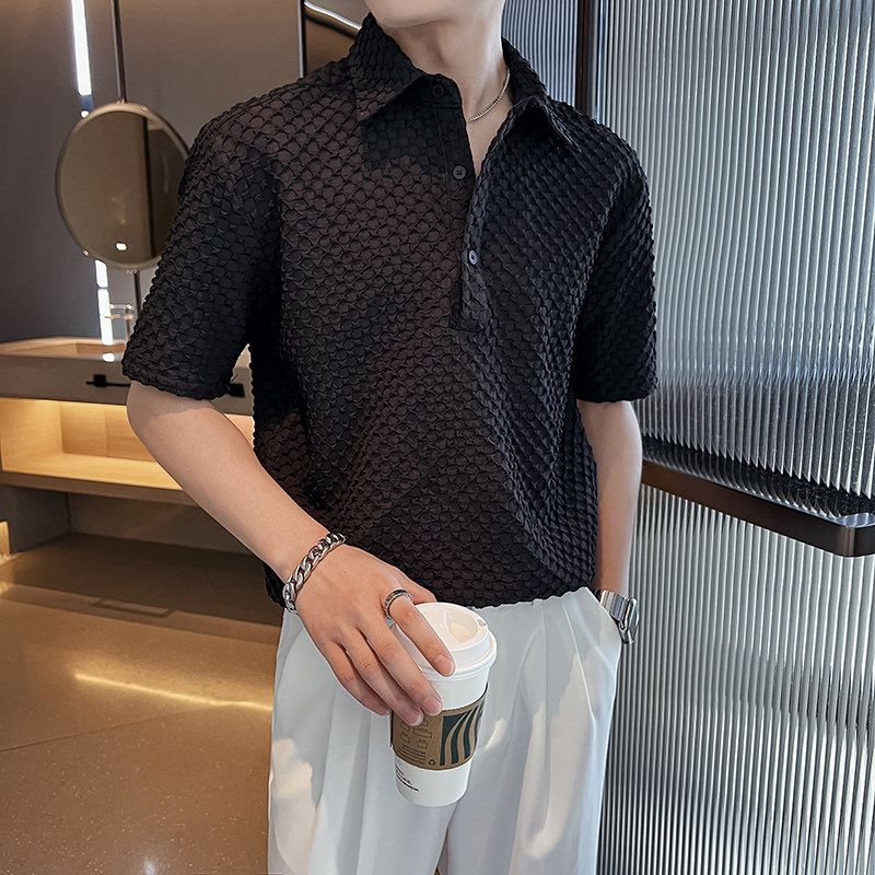 社会轻奢纯色宽松格子短袖翻领POLO衫上衣B297-7781-P58控78,男装Polo衫,电商B297