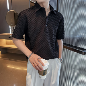 社会轻奢纯色宽松格子短袖翻领POLO衫上衣B297-7781-P58控78图片