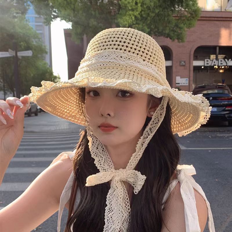 草帽女蕾丝绑带花边渔夫帽新款防晒镂空透气遮阳帽出游海边太阳帽