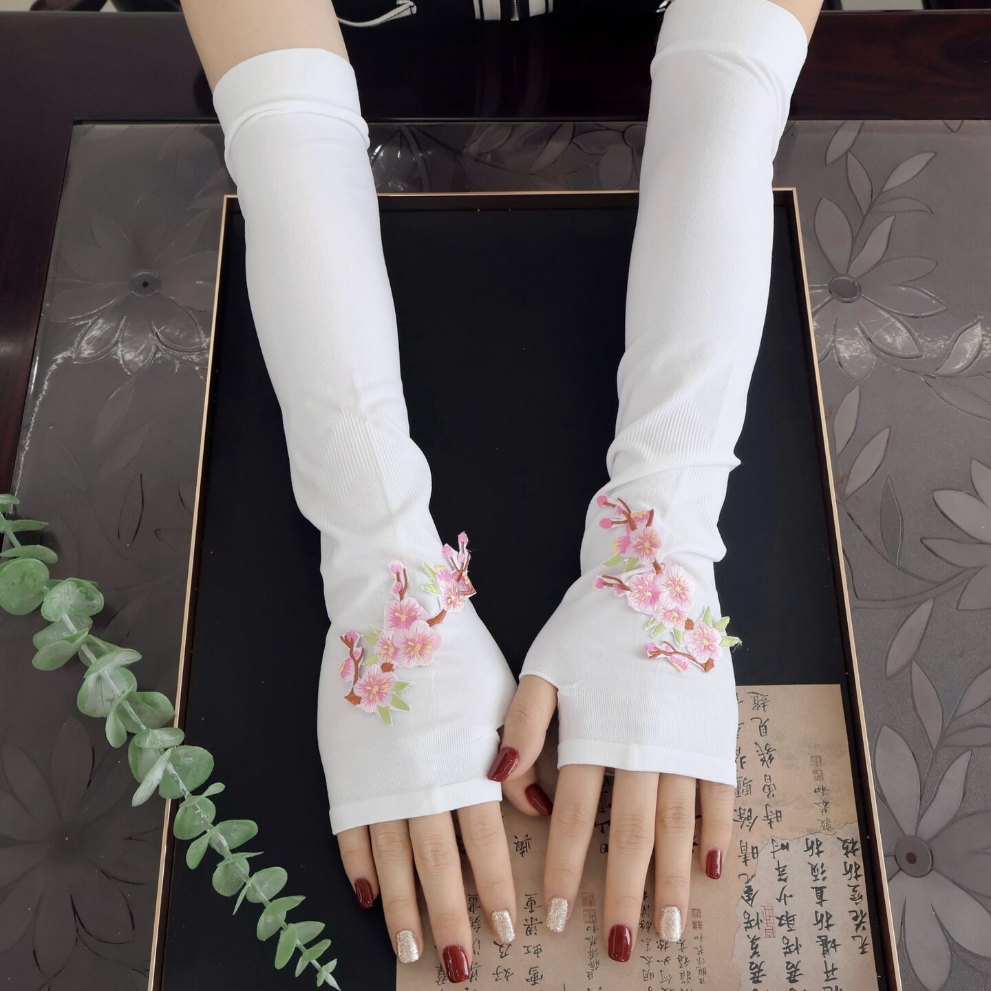 民族风绣花加长冰丝袖套夏款长款开车女骑行冰爽护臂袖套防晒手套