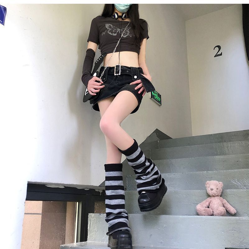 紫色软妹堆堆袜腿套学生辣妹针织袜套女阔腿条纹小腿袜春秋复古jk
