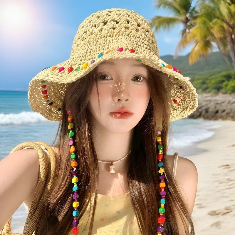 彩色编织帽女夏季2025新款海边度假风帽子大帽檐防晒遮阳渔夫帽子