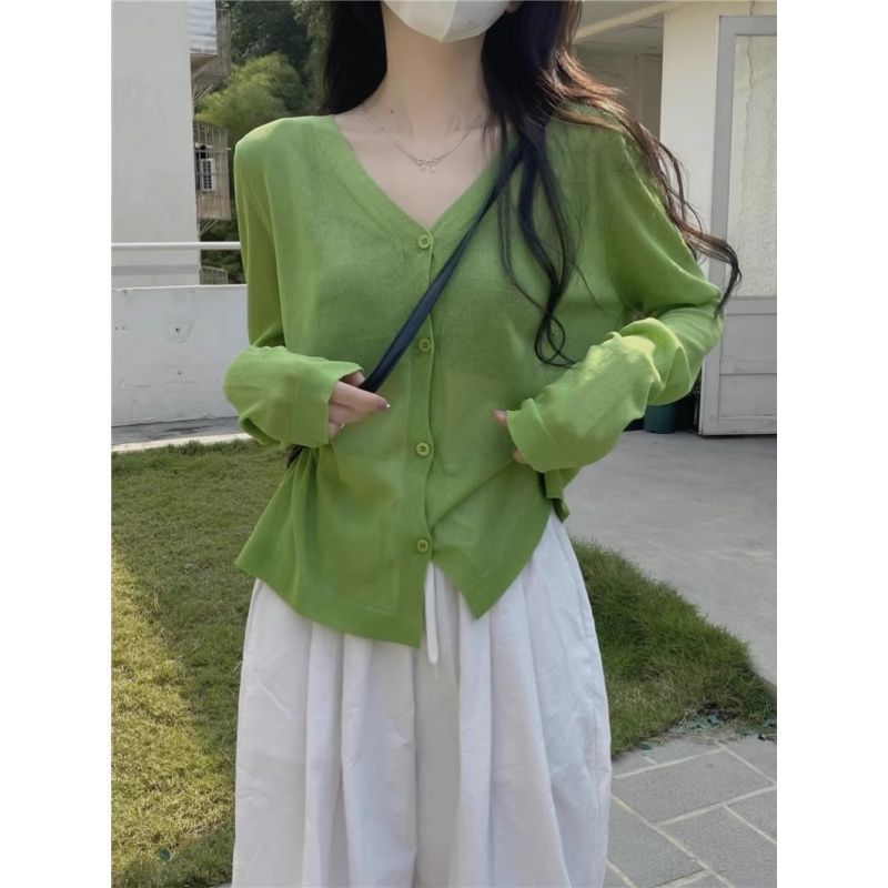 软糯薄款冰丝针织开衫女夏季宽松外搭坎肩长袖防晒外套短款上衣潮