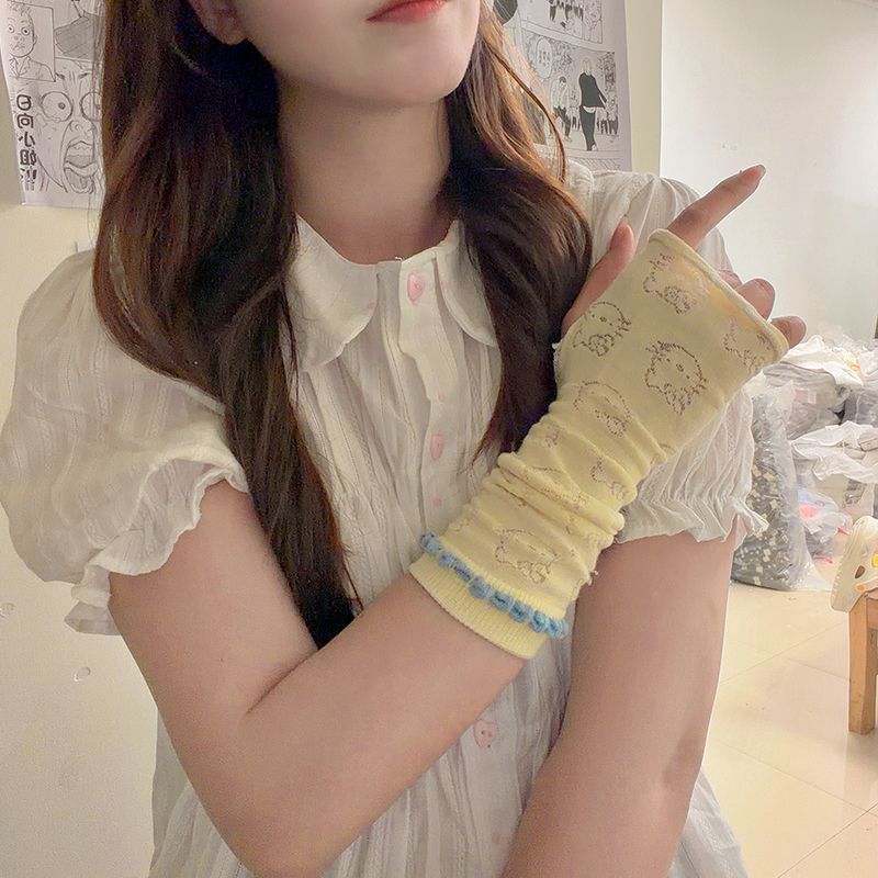 可爱Kitty猫防晒袖套女夏季冰丝防紫外线开车护臂半指手套ins潮
