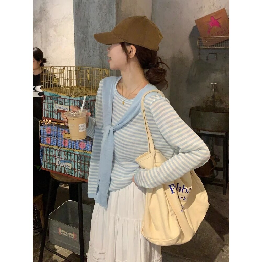 韩系慵懒风冰丝针织条纹防晒罩衫女春季薄款长袖t恤外搭披肩上衣