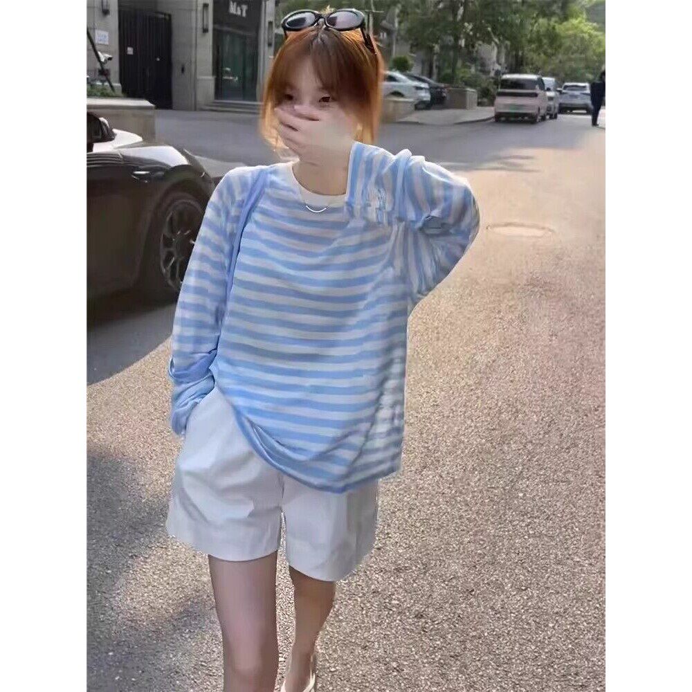 蓝色条纹防晒罩衫女夏薄款韩版气质凉感冰丝长袖T恤宽松外搭上衣