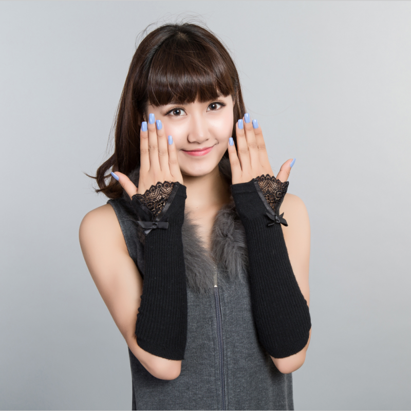 秋冬短款羊绒保暖半指袖套甜美蕾丝花边手臂套加厚防寒针织假袖子