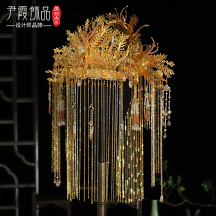 奢华原创新款 面帘发冠金色新娘汉服头饰凤冠汉婚婚礼结婚发饰品