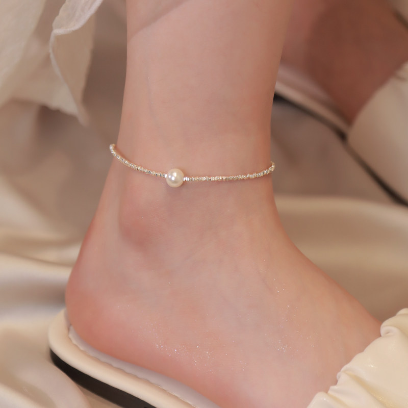 s925纯银碎银珍珠脚链女