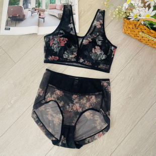 罩杯无钢圈女士文胸印花兔耳朵杯垫性感 套装 大码 胖MM前扣内衣薄款