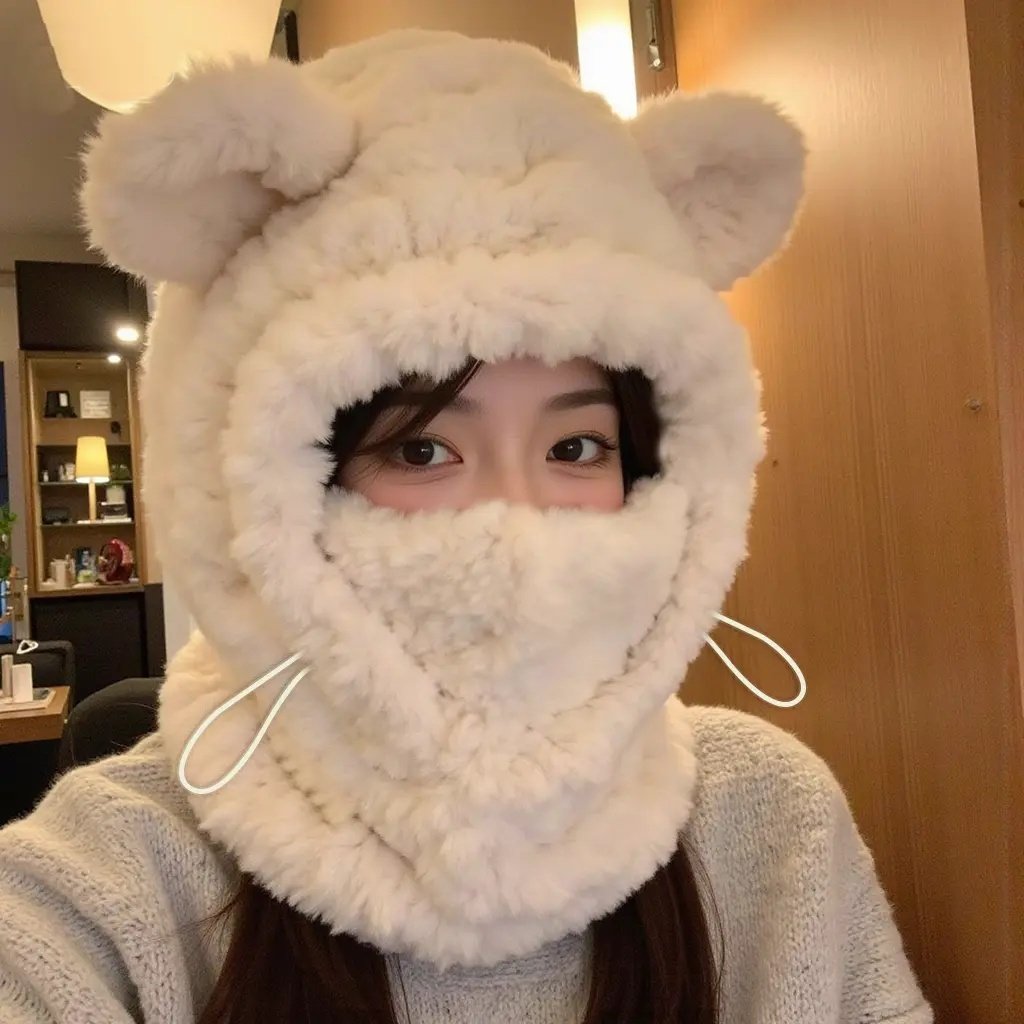 冬季女小熊毛绒保暖围巾一体帽