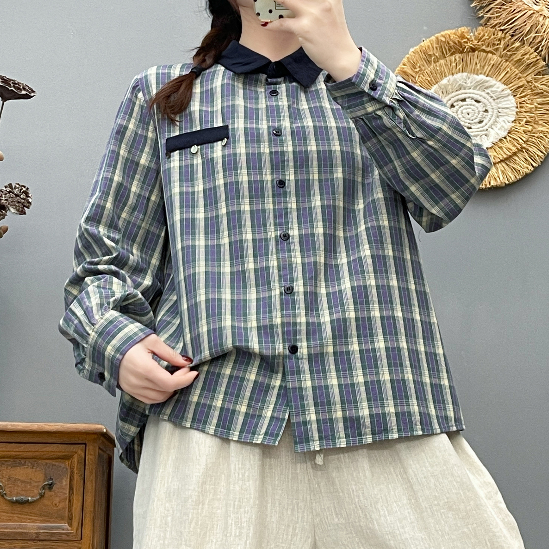 复古学院风格子衬衫女长袖翻领单口袋百搭衬衣春秋新款贝壳防晒衫,女装/女士精品,衬衫,淘宝优惠券,粉丝福利购,淘宝优惠卷