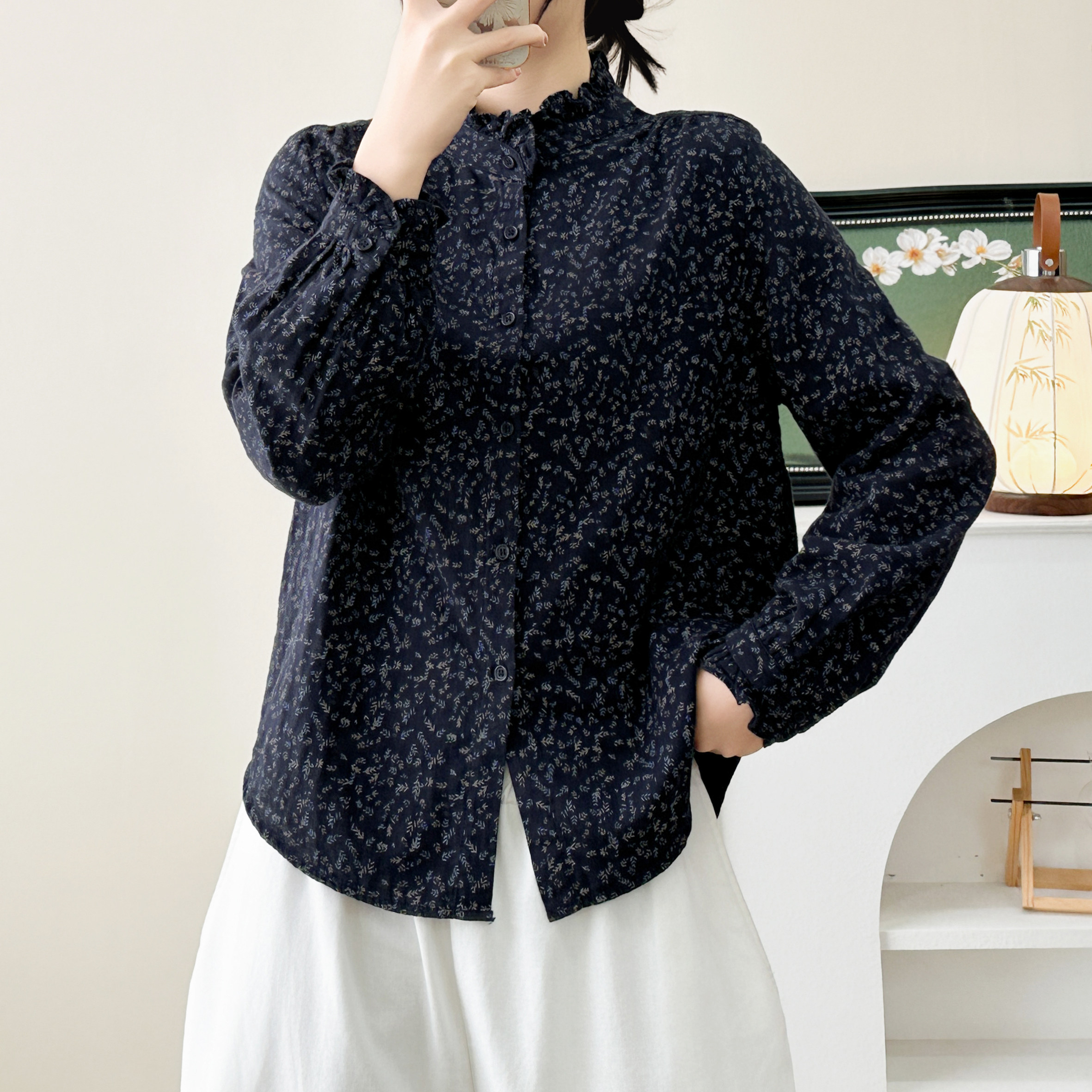 复古磨毛碎花衬衫女长袖立领花边设计感小众百搭上衣休闲打底衬衣,女装/女士精品,衬衫,淘宝优惠券,粉丝福利购,淘宝优惠卷