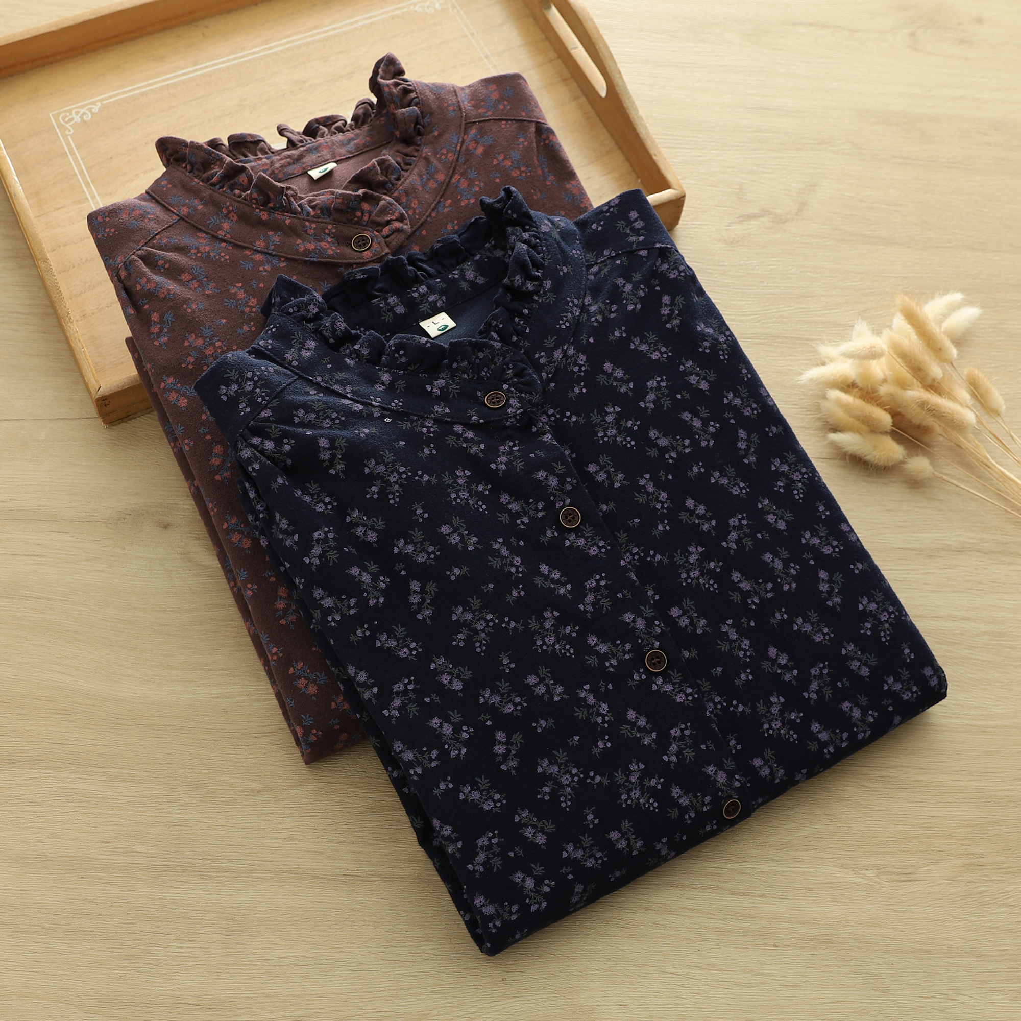 秋冬立领木耳边小碎花磨毛棉加厚长袖衬衫女文艺复古休闲衬衣打底