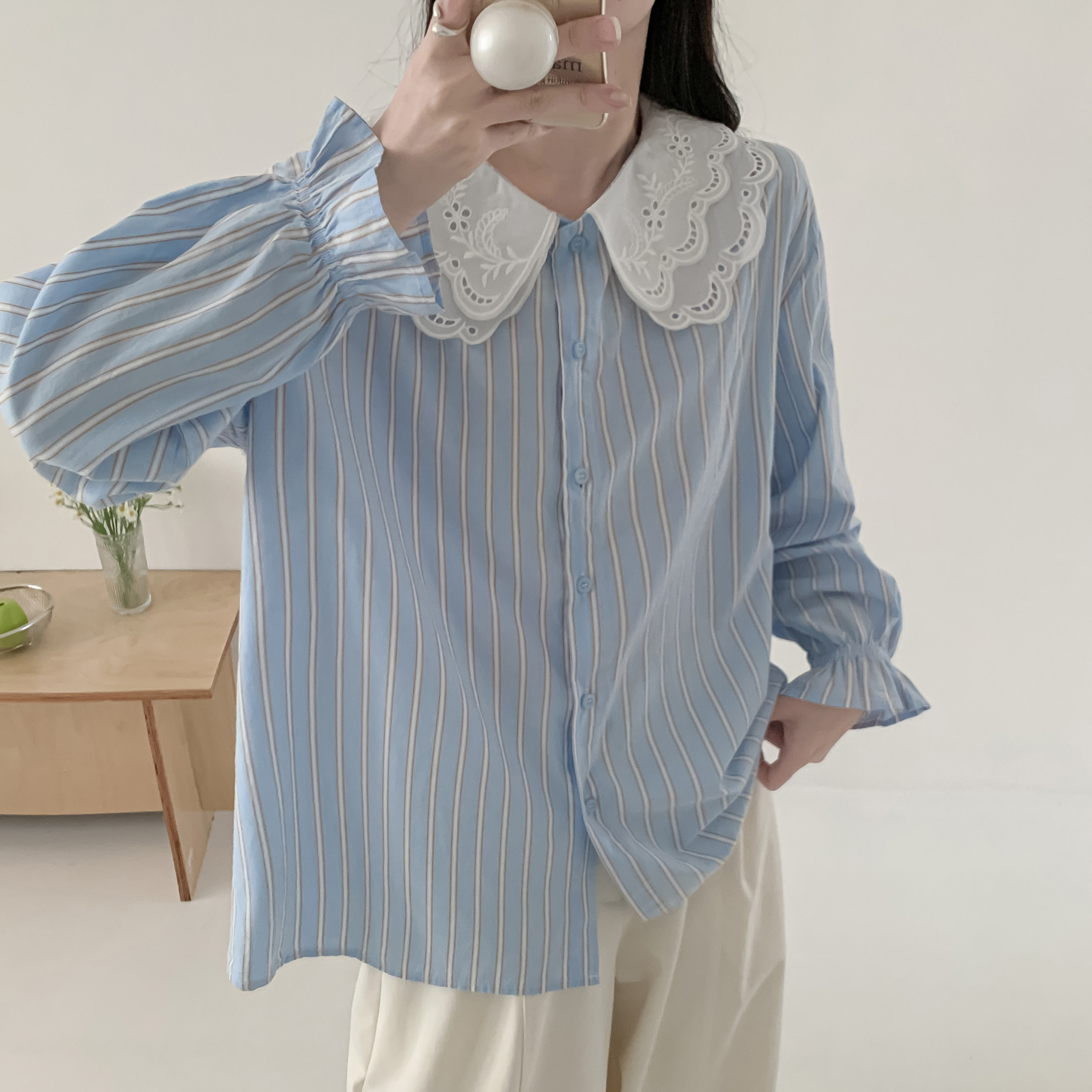 2026春秋拼接蕾丝钩花镂空双层娃娃领竖条纹长袖衬衫女喇叭袖衬衣,女装/女士精品,衬衫,淘宝优惠券,粉丝福利购,淘宝优惠卷