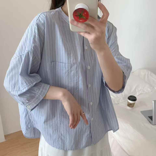 2025夏新款韩版竖条纹短袖衬衫女宽松版茧型学院风小个子中袖衬衣