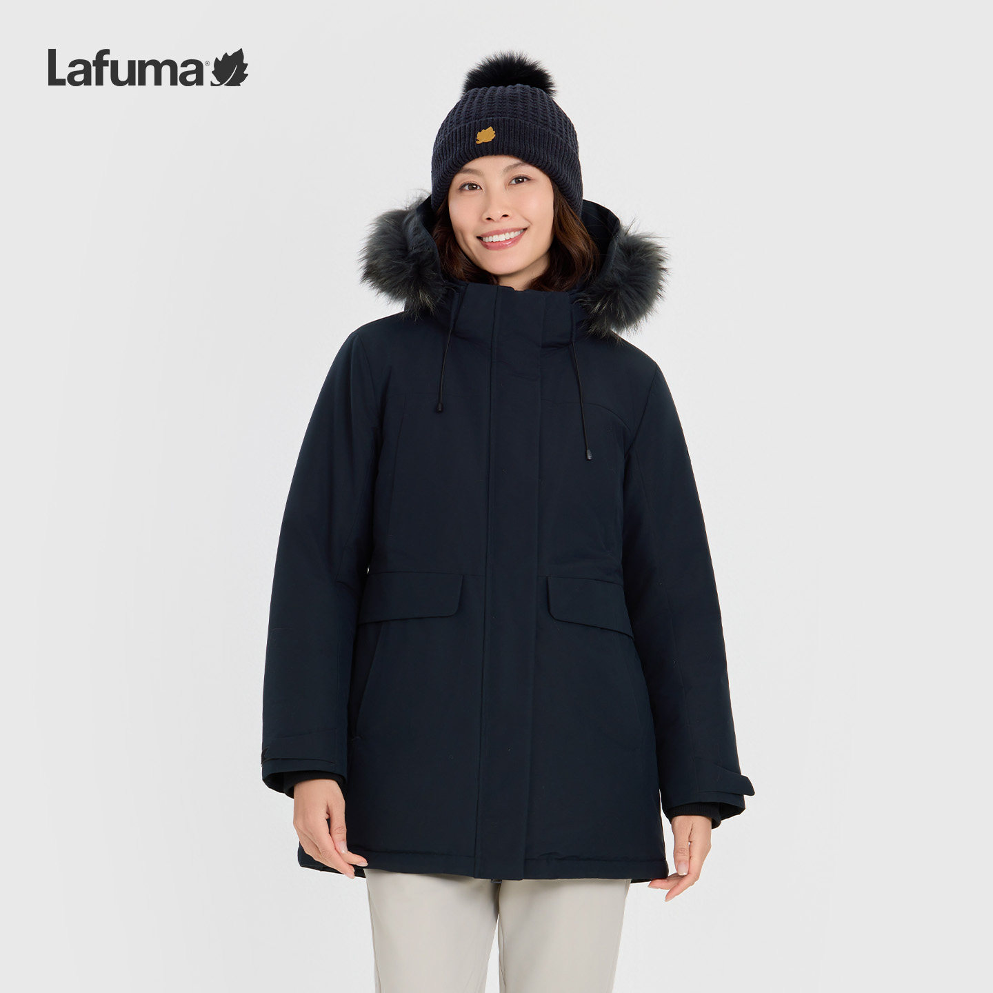 LAFUMA乐飞叶户外冬季防泼水派克大鹅绒工装羽绒服女可拆卸帽毛领