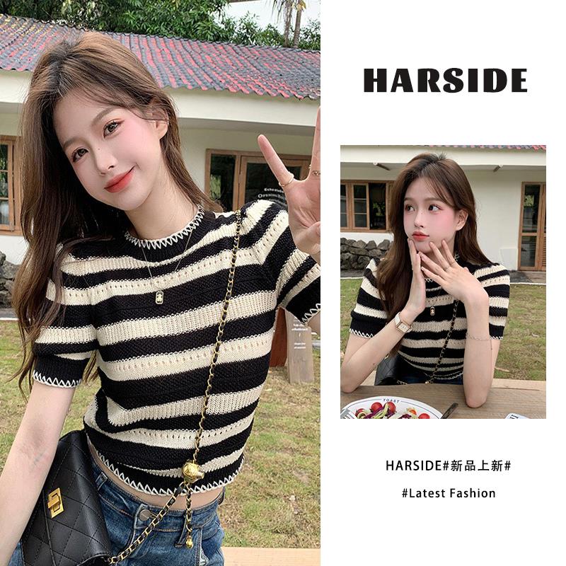 HARSIDE黑白条纹正肩短袖t恤女夏季高级感镂空高腰短款针织衫上衣