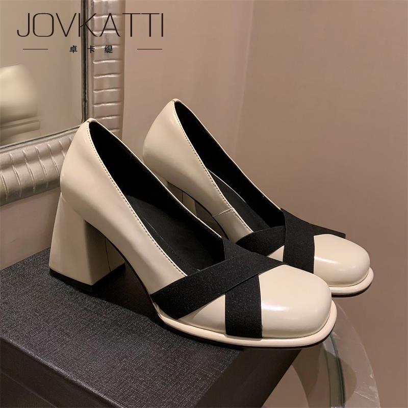 JOVKATTI皮鞋浅口粗跟玛丽珍鞋女2025年新款春季真皮拼色高跟单鞋