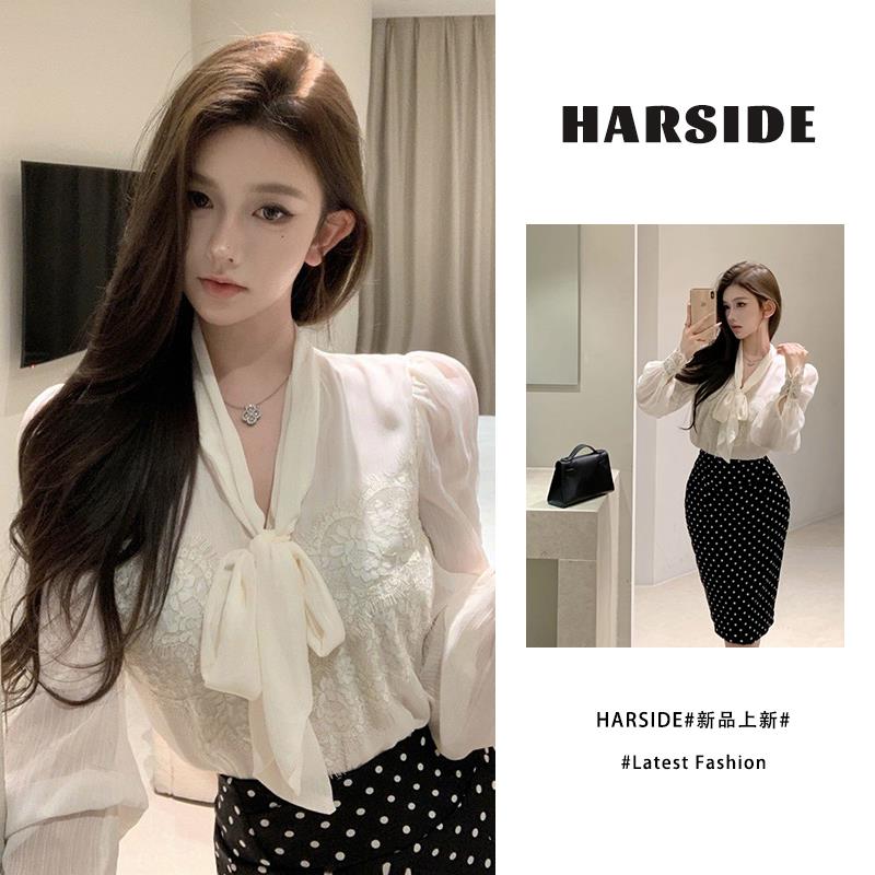 HARSIDE 高级感小香风蝴蝶结雪纺衬衫女春秋款泡泡袖名媛蕾丝衬衣