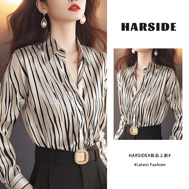 HARSIDE 轻奢条纹翻领衬衫女春夏季高端洋气减龄遮肉衬衣长袖上衣