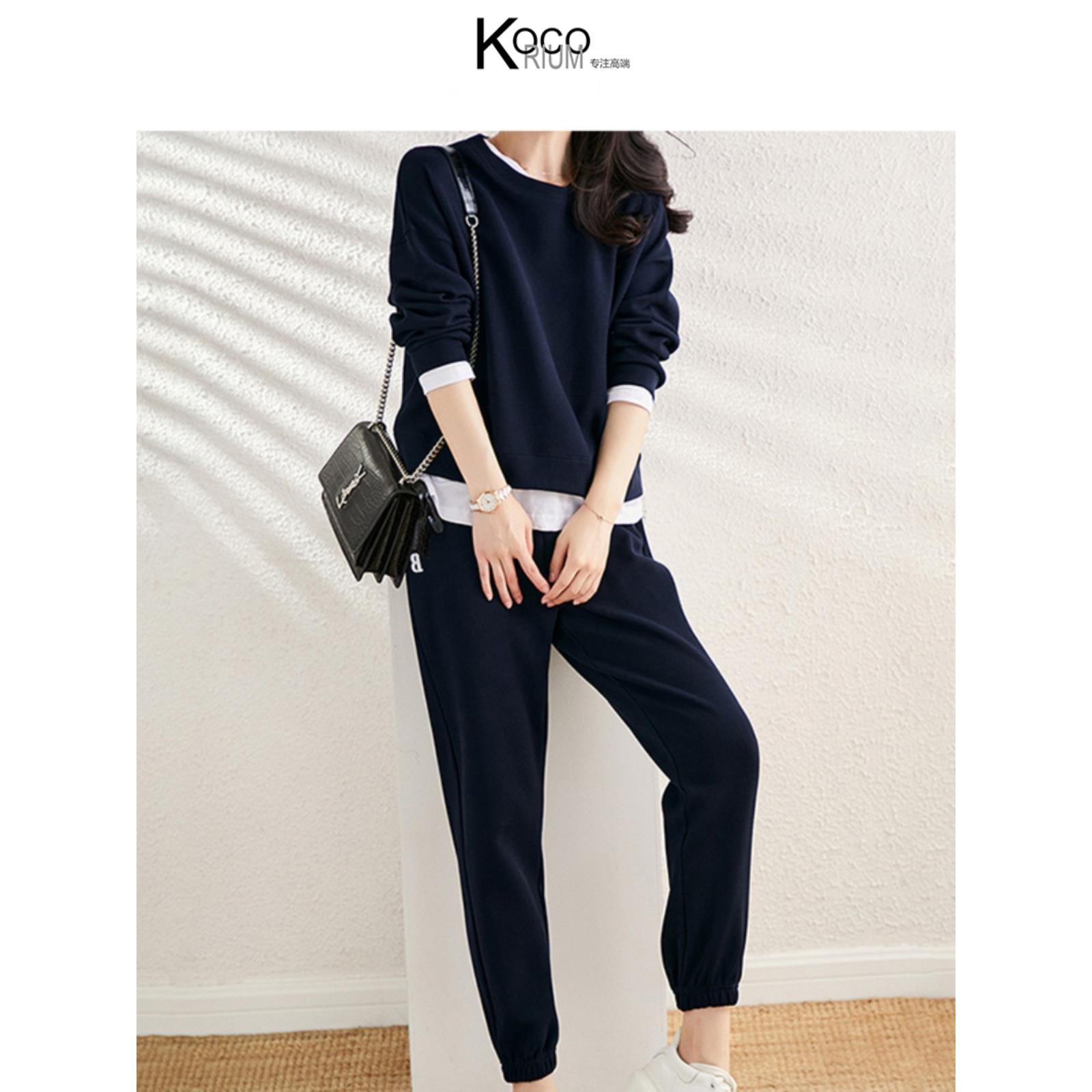 KOCORIUM｜慵懒设计运动风 新款假两件长袖卫衣休闲裤女两件套装