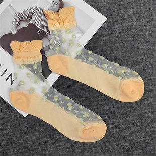 日系碎花玻璃丝中筒袜女夏季 纯棉底透气水晶丝花边袜子松口袜 薄款