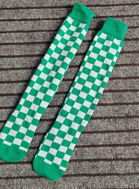 外单 日系长筒格子女袜绿色长筒学生袜方格及膝小腿袜女膝盖长袜