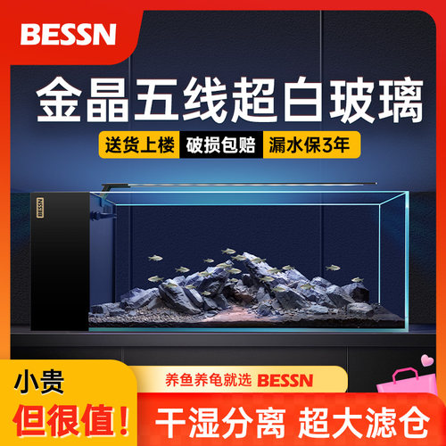 BESSN侧滤鱼缸客厅2025新款金晶超白玻璃龟缸小型生态溪流造景2.0