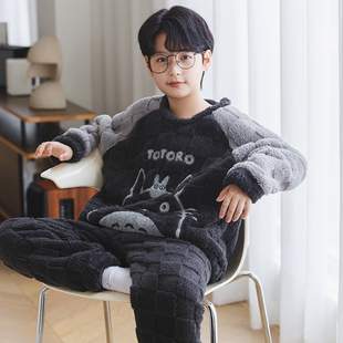 红豆儿童睡衣男童秋冬季法兰绒加绒加厚珊瑚绒男孩2025新款家居服