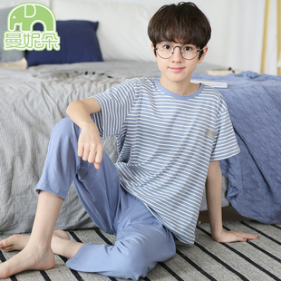 红豆男童睡衣夏季纯棉儿童短袖长裤半袖青少年全棉套装男孩大童家
