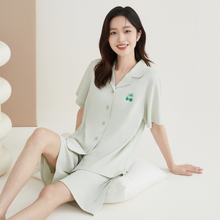 纯棉顶瓜瓜 睡衣夏季 女士100%棉短袖 简约休闲可外穿开衫 家居服套装