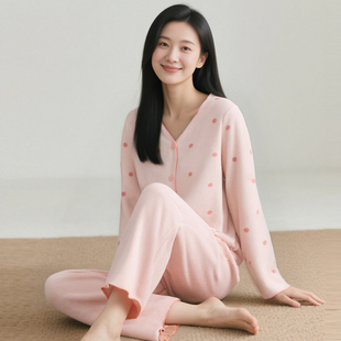 顶呱呱睡衣女长袖套装摇粒绒秋冬V领开衫保暖可外穿家居服休闲