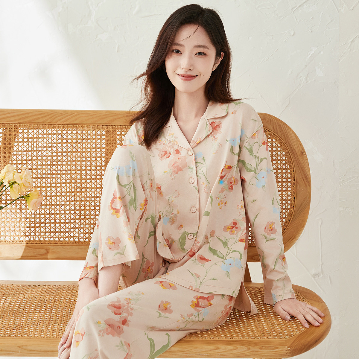 顶呱呱睡衣女纯棉长袖长裤开衫家居服套装舒适透气宽松可外穿