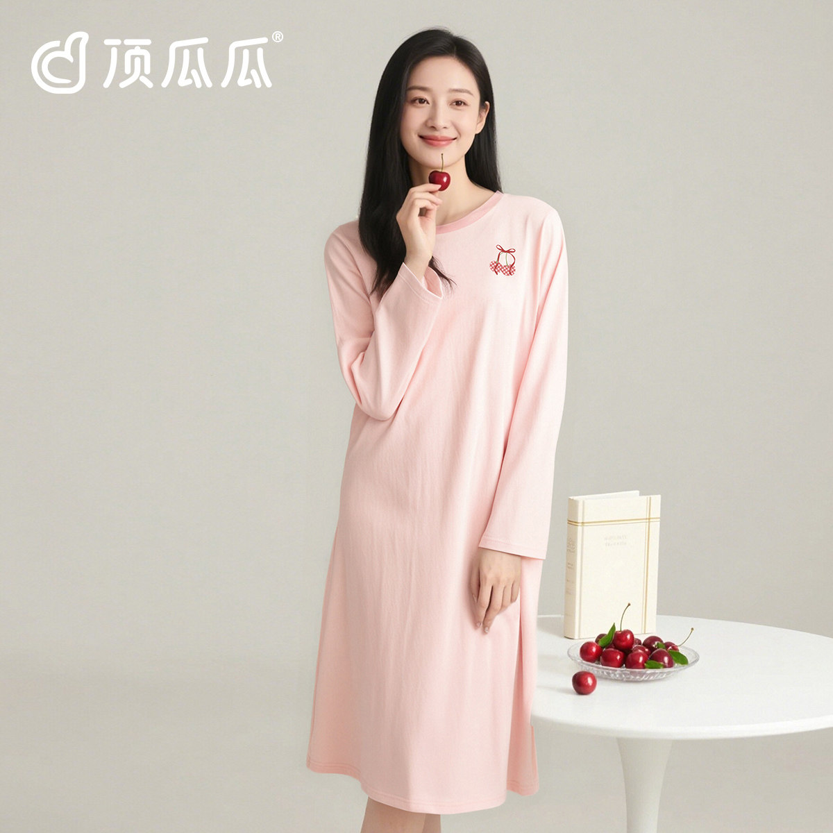 顶瓜瓜纯棉睡裙女长袖甜美粉色圆领100%棉夏季薄款家居裙睡衣